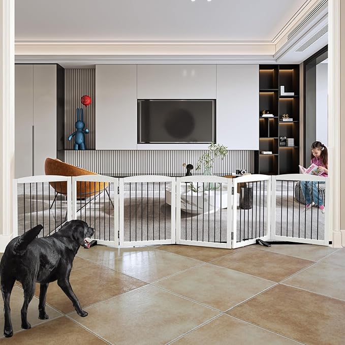 Freestanding Panel Dog Gate for Indoor Doorways, Stairs, or Hallways, Foldable Wooden Pet Gate, Support Feet Included, 24" Height-6 Panels, White