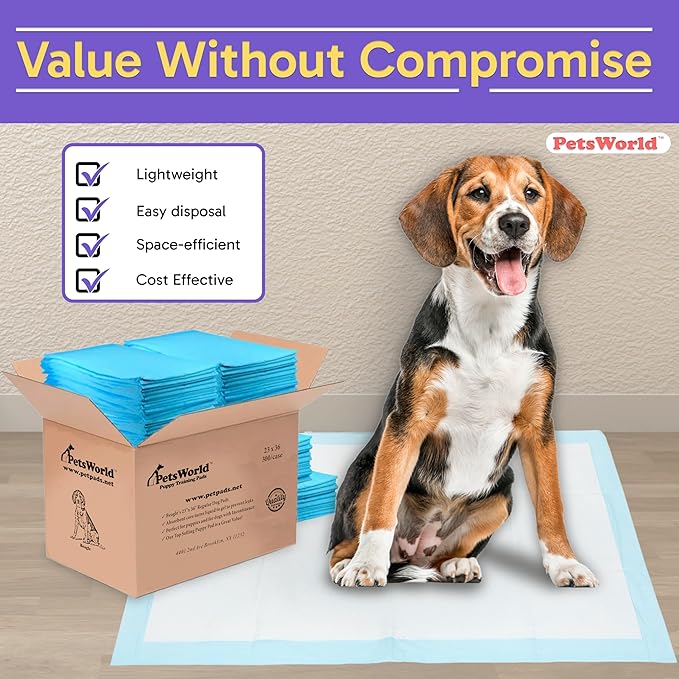 PETSWORLD Puppy Pads, 23x36 Inch, 200 Count - Puppy Pee Pads for Dogs, Tear Resistant, Economy Value, Super-Absorbent Polymer Gel Core, Perfect for Puppies, Smaller Dogs