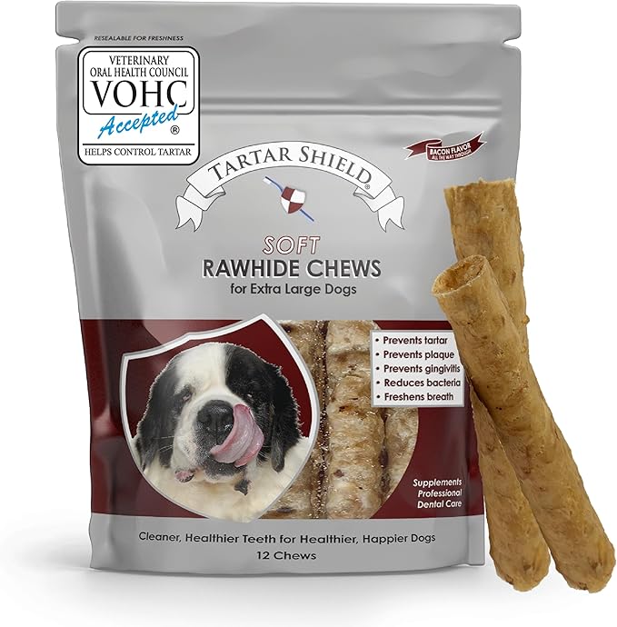 Tartar Shield Soft Rawhide Chews | Safe Dental Treats for Large Dogs | Vet VOHC Approved | Daily Bone Cleans Teeth & Gums Fresh Breath Oral Health Support | USA Made | (XL Dogs / 12 Count)