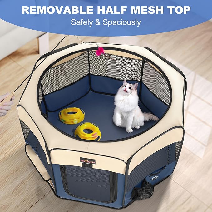Aivituvin Dog Playpen, Foldable Pet Play Pens with Carrying Bag for Cat, Puppies, Rabbits, Portable Dog Tent Crates Cage for Travel Camping Indoor Outdoor, Removable Shade Cover, Blue M