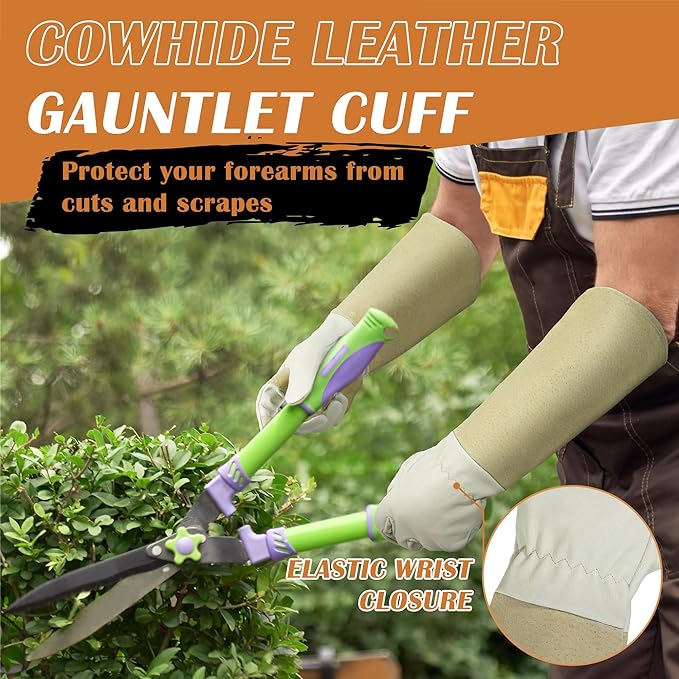 HANDLANDY Pruning Gloves Long for Men & Women, Pigskin Leather Rose Gardening Gloves- Breathable & Durability Gauntlet Glove Medium