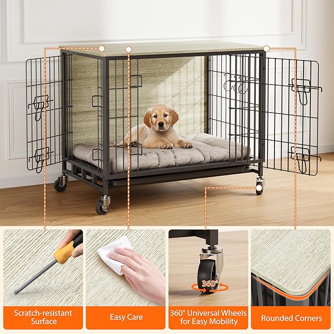 Dog Crate Furniture, 32.5" Wooden Dog Crate Furniture Side End Table, Indoor Kennel with Double Doors, Dog Crates for Medium Dogs, Grey