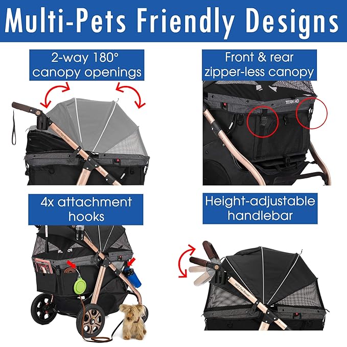 Titan-HD Premium Super-Sized Dog/Cat/Pet Stroller SUV Travel Carriage/w Access Ramp/100Lbs Capacity/Pumpless Rubber Wheels/Aluminum Frame for Small, Med, Large, XL Pets (Black)