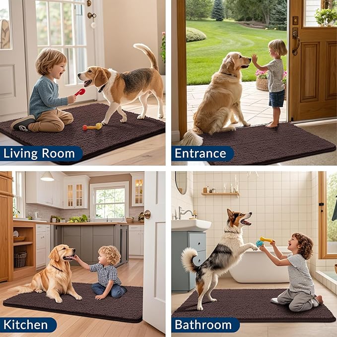 Smiry Dog Door Mat for Muddy Paws 40x32, Absorbs Moisture and Dirt Doormat, Non-Slip Washable Quick Dry Chenille Front Door Mat Indoor Entrance, Entryway Carpet for Inside Floor, Brown