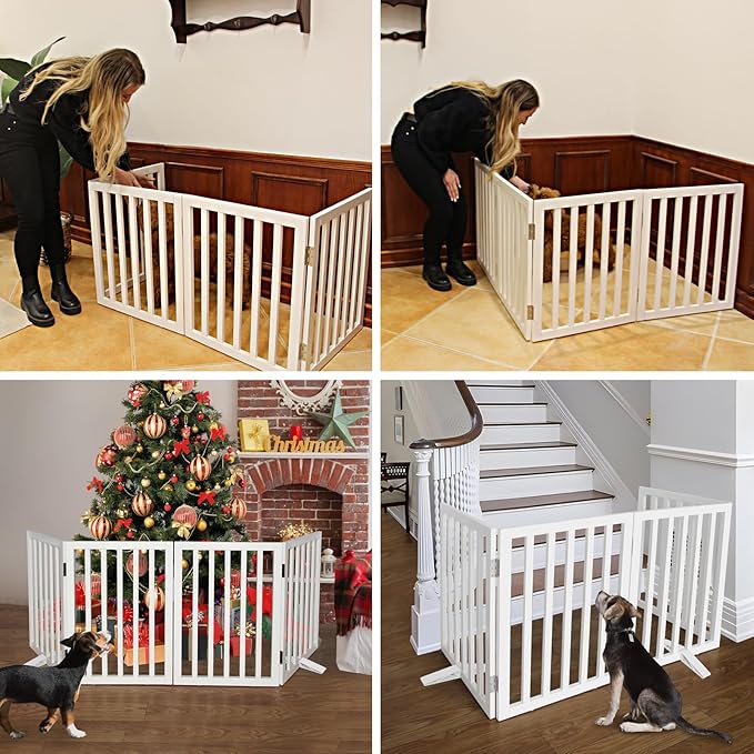 ZJSF Freestanding Indoor Dog Gate for House Foldable Wood White Puppy Gate for Doorways Pet Gate for Stairs Extra Wide Pet Fence 32" Height 3 Panels