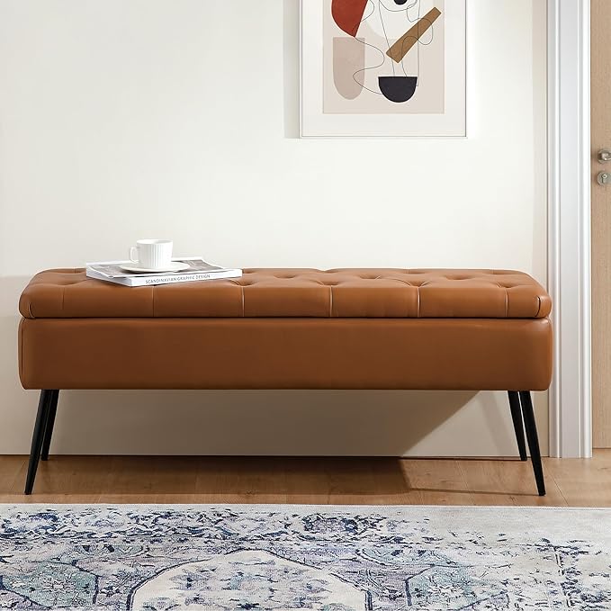 Leather Storage Ottoman Bench,End of Bed Bench for Living Room Bedroom Dinning Room Entryway,Mid-Century Modern,Faux Leather,with Steel Legs,Safety Hinges, Loads 660 lb (with Button, Brown)