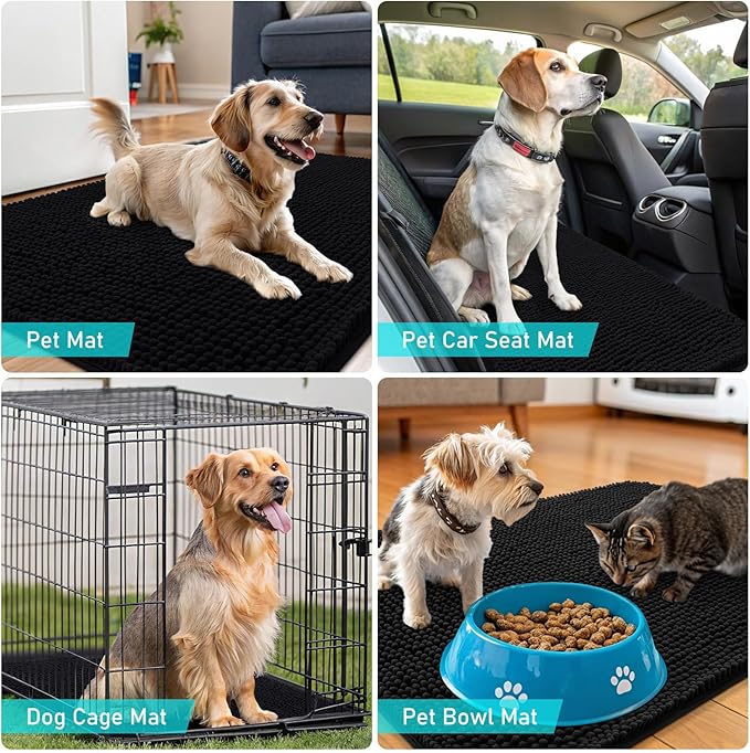 OLANLY Dog Door Mat Set 2-Piece 30x20, Absorbs Moisture and Dirt, Absorbent Non-Slip Washable Doormat, Quick Dry Chenille Mud Mat for Dogs, Entry Indoor Entryway Carpet for Inside Floor, Black