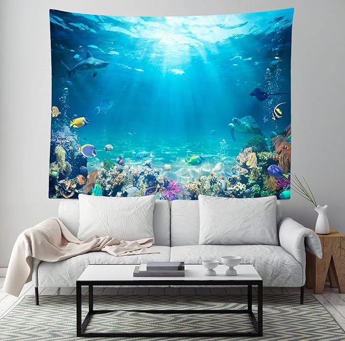 Loccor Underwater World Tapestry Blue Ocean Wall Hanging Under the Sea Coral Reef Wall Tapestry 140x118 Inches Tropical Fish Tank Undersea Tapestries Marine Wall Art for Bedroom Living Room Dorm Decor