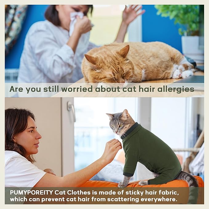 PUMYPOREITY Sticky Hair Cat Clothes, Prevent Hair Loss Cat Pajamas, Soft Cat Sweaters for Cats Only, Cat Hair Sticky Onesie, Cat Recovery Suit After Surgery, Green, S