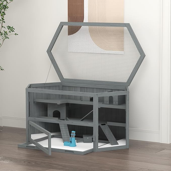 PawHut Wooden Large Hamster Cage, Rat Habitat, 3 Tier Small Animal Exercise Play House with Tray, Water Bottle, Activity Center, Gray