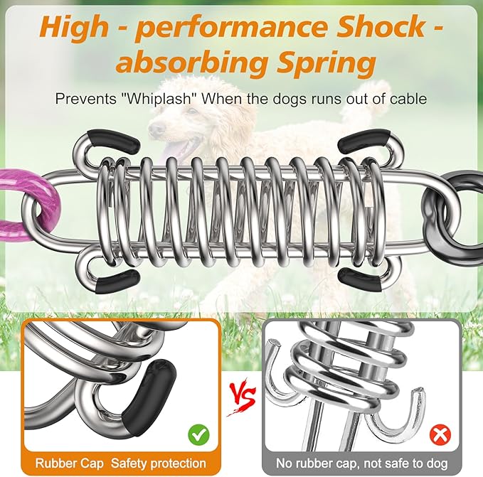 Tresbro 50 FT Dog Tie Out Cable with Spring, Shock Absorbing Tether Chains for Outside Aavilable in 10/15/20/25/30/40/50/70/100/120 FT, Heavy Duty Leads for Yard for Medium & Large Dogs Up to 500 LBS