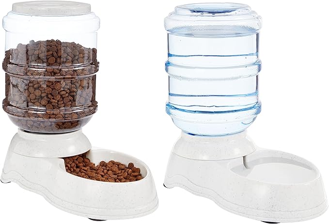 Amazon Basics Automatic Dog Cat Water Dispenser Gravity Feeder Set, Pack of 2, Small, 6-Pound Food Capacity, 1-Gallon, Gray