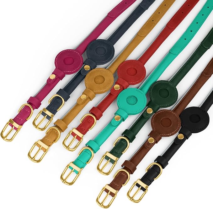 OOPSDOGGY Rolled Leather Dog Collar with Airtag Holder - Reflective Round Airtag Dog Collar - Soft Tracking Pet Collar for Small Dogs Puppy Cats Kitten (Green, XXL, 20"-24")