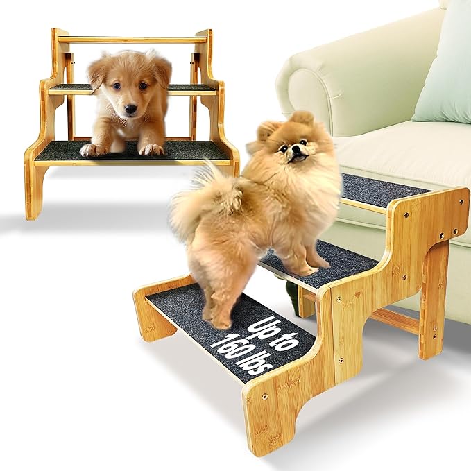 Dog Stairs for Small Dogs,3-Step Bamboo Wooden Dog/Pet/Cat Steps Ramp for Couch Sofa,Bed and Car, Can Support Weighing Up to 160 LB,