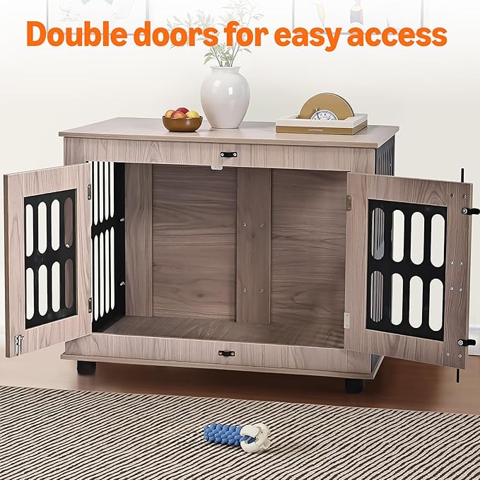 Amazon Basics Heavy Duty Dog Crate Furniture for Small to Medium Dogs, Wooden Decorative Dog Kennel Cage Indoor with Safety Lock, 38.5" L x 26.8" W x 25.6" H