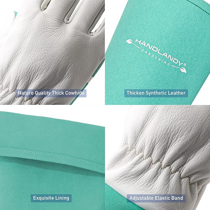 HANDLANDY Long Gardening Gloves for Men & Women, Thorn Proof Rose Pruning Gloves Leather Gauntlets Garden Glove Yard Work Glove (Large, Green)
