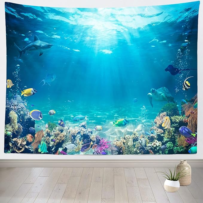 Loccor Underwater World Tapestry Blue Ocean Wall Hanging Under the Sea Coral Reef Wall Tapestry 118X78 Inches Tropical Fish Tank Undersea Tapestries Marine Wall Art for Bedroom Living Room Dorm Decor