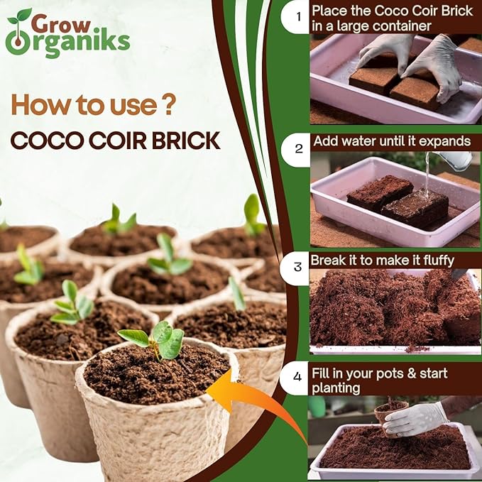 4 Pack Premium Coco Coir Brick for Plants | 100% Organic Compressed Coconut Coir Bricks Starting Mix, Coco Coir Fiber Coconut Husk for Planting, Gardening, Potting Soil Substrate, Herbs, 1.4 LB/Brick