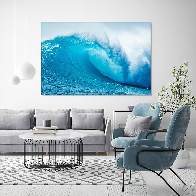 Nature Wall Art Prints - Ocean Forest Mountain Lake Canvas Landscapes - Small to Extra Large Living Room Bedroom Kitchen Bathroom Décor (Blue Ocean Wave, 35L" x 53W")