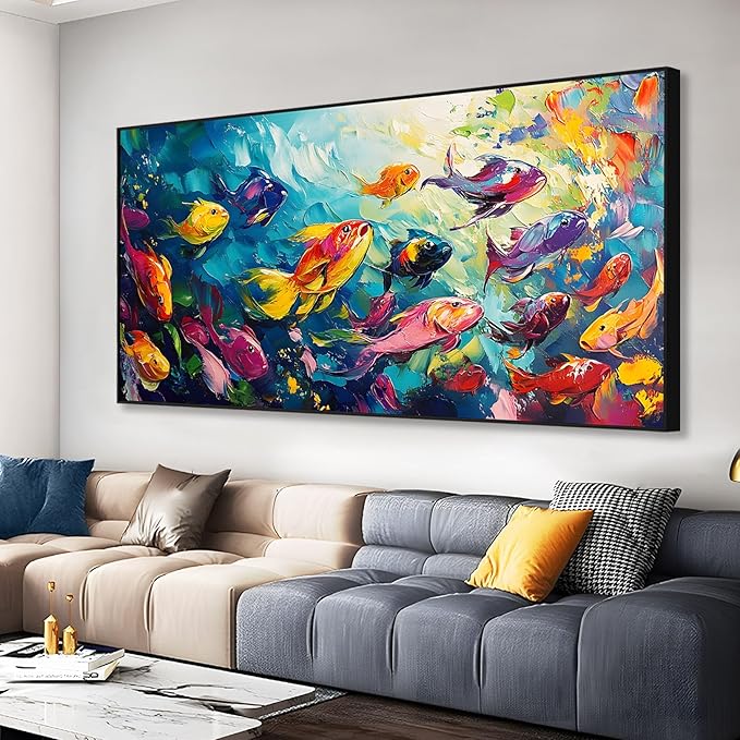 School of Fish Printed Canvas Wall Art – Framed Abstract Ocean Print – Vibrant Fish Wall Decor for Living Room, Bedroom, Office (Gold Framed, 31"x15"|80x40cm)