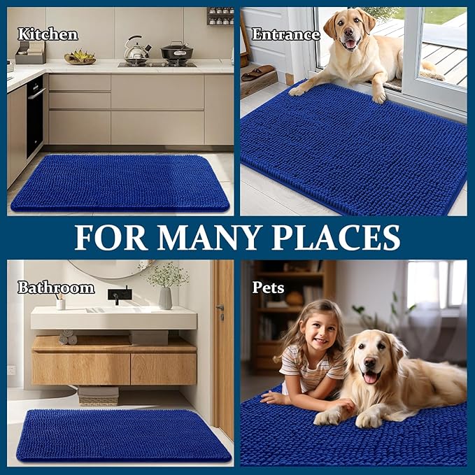 OLANLY Dog Door Mat for Muddy Paws 30x20, Absorbs Moisture and Dirt, Absorbent Non-Slip Washable Doormat, Quick Dry Chenille Mud Mat for Dogs, Entry Indoor Entryway Carpet for Inside Floor, Royal Blue