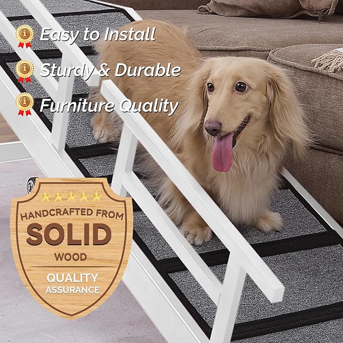 Dog Ramp for Bed or Couch, Wooden Pet Ramp with 20° Gentle Slope, Removable Side Rails, Non-Slip Surface, Top Platform & Wheels, Safe Bed Ramp for Small, Medium & Senior Dogs, 60" Long, White