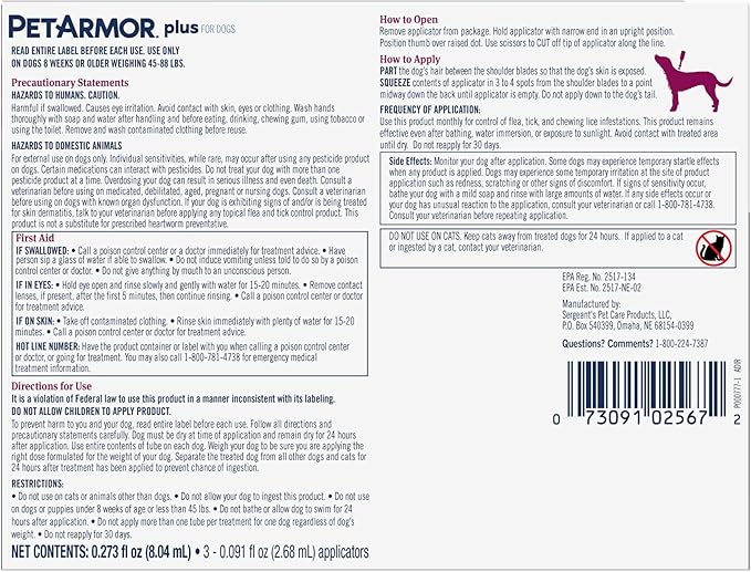 PetArmor Plus Flea and Tick Prevention for Dogs, Dog Flea and Tick Treatment, 6 Doses, Waterproof Topical, Fast Acting, Large Dogs Dogs (45-88 lbs)