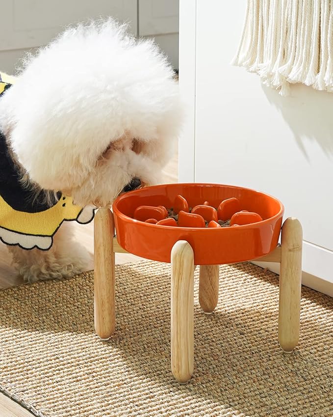 LE TAUCI Ceramic Slow Feeder Puzzle Bowl Elevated 3 Cup with Wooden Stand for Medium Large Dog, Fast Eater Slow Eating Food Bowl, Sun Orange