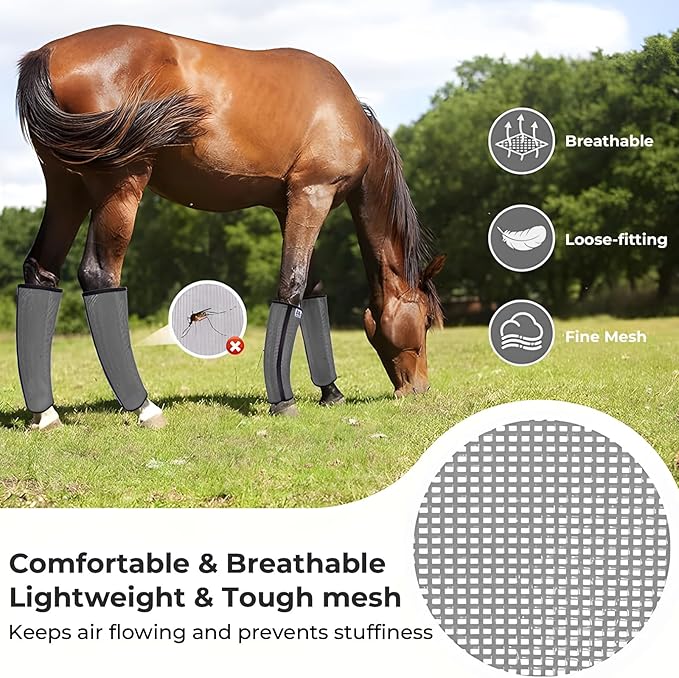 Mesh Horse Fly Boots Set of 4，Adjustable and Universal Loose Fitting & Non-Slip Horse Fly Leggings for Horses,Reduce Stressful Stomping (Grey)