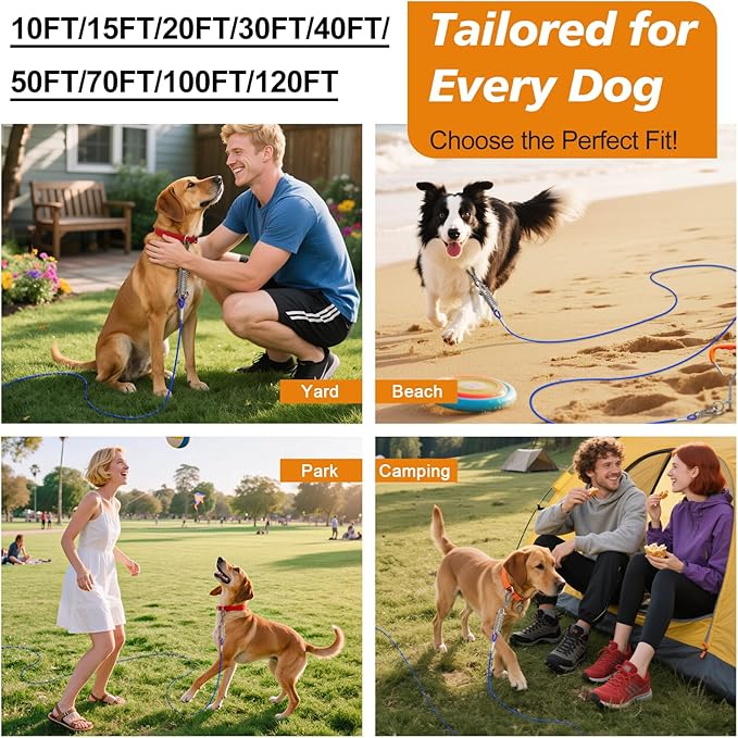 Tresbro 40 FT Dog Tie Out Cable with Spring, Shock Absorbing Tether Chains for Outside Aavilable in 10/15/20/25/30/40/50/70/100/120 FT, Heavy Duty Leads for Yard for Medium & Large Dogs Up to 500 LBS