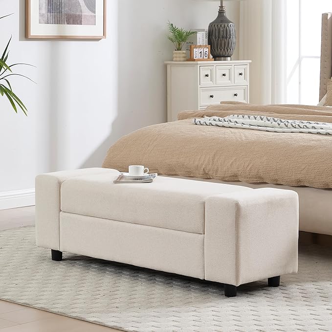 Beige Storage Bench for Entryway, 55" Bedroom Ottoman with Storage Large Linen Fabric Upholstered End of Bench with Lip for Living Room/Bedroom/Lounge/Shop, Beige