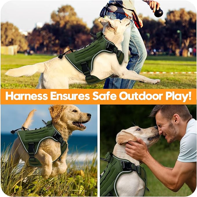 Heavy-Duty Tactical Dog Harness for Large Dogs, No Pull Adjustable Reflective Pet Vest with Molle System, K9 Military-Grade Control for Service Training, Outdoor & 10+ Breeds, Green, X-Large