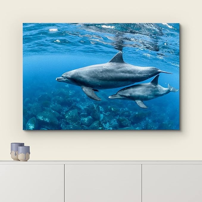 wall26 Canvas Print Wall Art Tropical Ocean Sea Underwater Dolphin Duo Nature Animals Photography Realism Rustic Scenic Landscape Wilderness Earth Colorful for Living Room, Bedroom, Office - 32"x48"