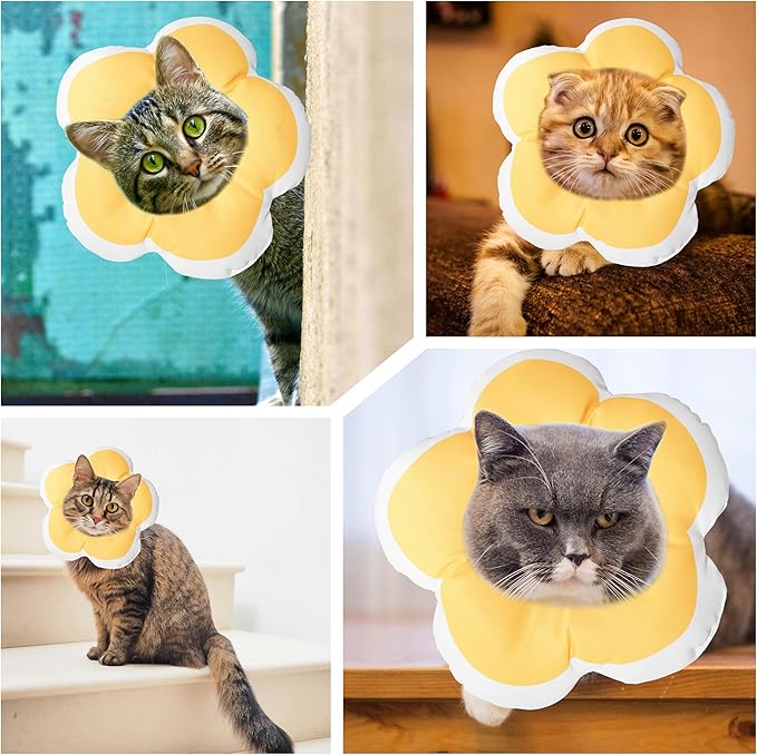 Cat Cone Collar Soft, Waterproof Cats Cones to Stop Licking After Surgery, Adjustable Soft Elizabeth Cats Collars for Wound Healing, Flower Shape Cat Recovery Collar (Yellow, Large)