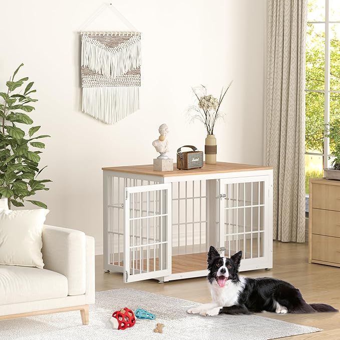 38 Inch Heavy Duty Dog Crate Furniture for Large and Medium Dogs, Decorative Pet House End Table, Wooden Cage Kennel Furniture Indoor, Natural and White