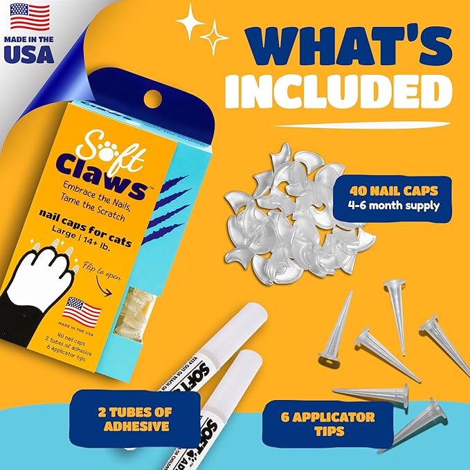 Soft Claws Nail Caps for Cats Made in USA - 40 Cat Claw Caps for 4-6 Weeks of Protection - Long-Lasting Cat Scratch Deterrent for Furniture - Holiday (Silver & Gold Sparkle), Large