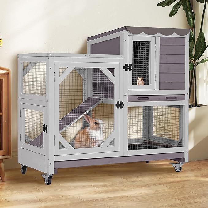 Rabbit Hutch 2-Story Wooden Bunny Cage with 2 Leak-Proof Sliding Trays, Chew-Proof Metal Mesh, Rainproof Cover, Indoor & Outdoor Guinea Pig House with Wheels - Grey