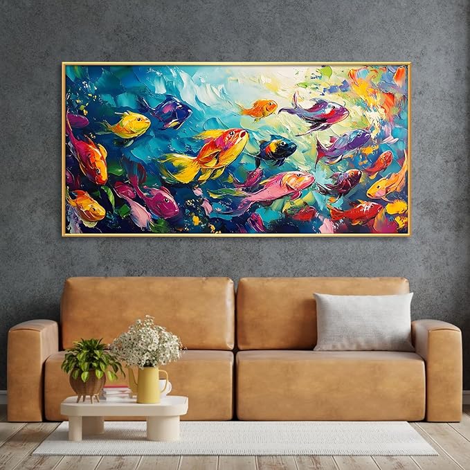 School of Fish Printed Canvas Wall Art – Framed Abstract Ocean Print – Vibrant Fish Wall Decor for Living Room, Bedroom, Office (Black Framed, 55"x27"|140x70cm)