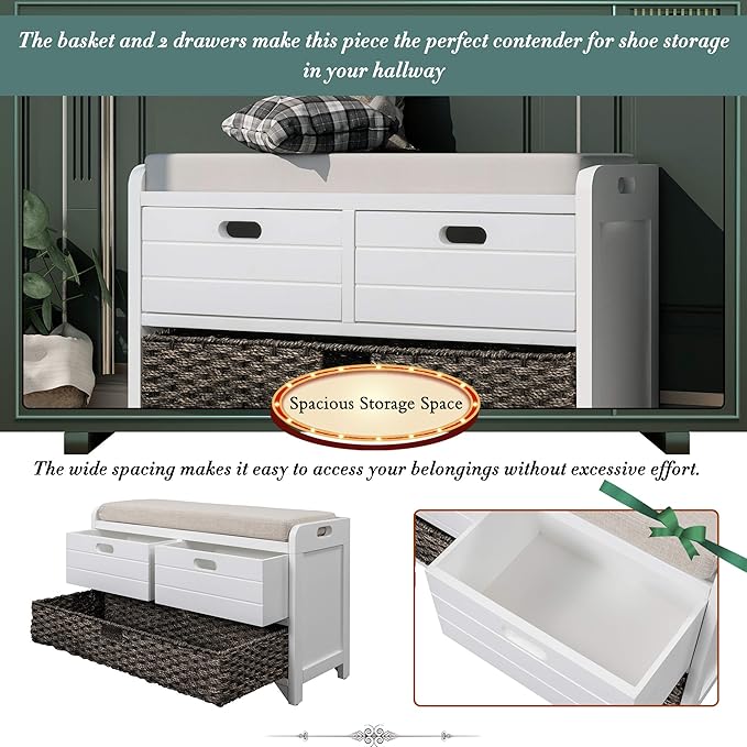 Storage Bench Removable Basket 2 Drawers Fully Assembled Acacia Wood Shoe Bench Standing Shoe Rack Removable Cushion for Living Room, Entrance Hallway, No Assembly Required White