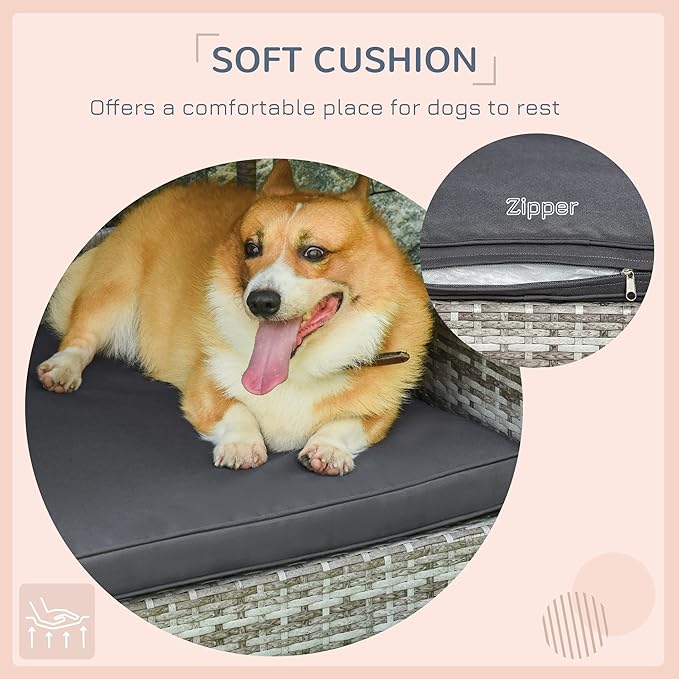 PawHut Wicker Dog House Outdoor with Canopy, Rattan Dog Bed with Water-Resistant Cushion, Raised Dog Bed for Small, Medium Dogs up to 66 lbs, 19.75" in Length, Gradient Gray Wicker & Cushion