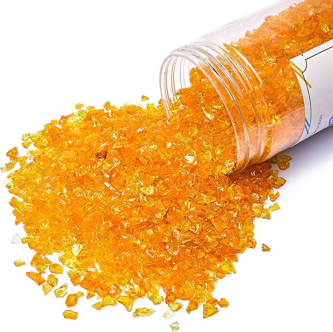 TWINKLING High Luster Fire Glass Gravel Stone Glitter,Broken Glass,Fire Gems Chips,Crushed Glass for Fire Pit Crafts Resin Art Aquarium Garden Decoration,3-6mm,1-Pound Jar (Orange Yellow)