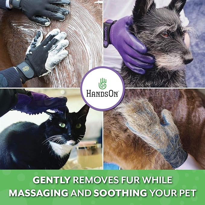 H HandsOn Pet Grooming Gloves - Patented #1 Ranked, Award Winning Shedding, Bathing, & Hair Remover Gloves - Gentle Brush for Cats, Dogs, and Horses (Black, X-Large)