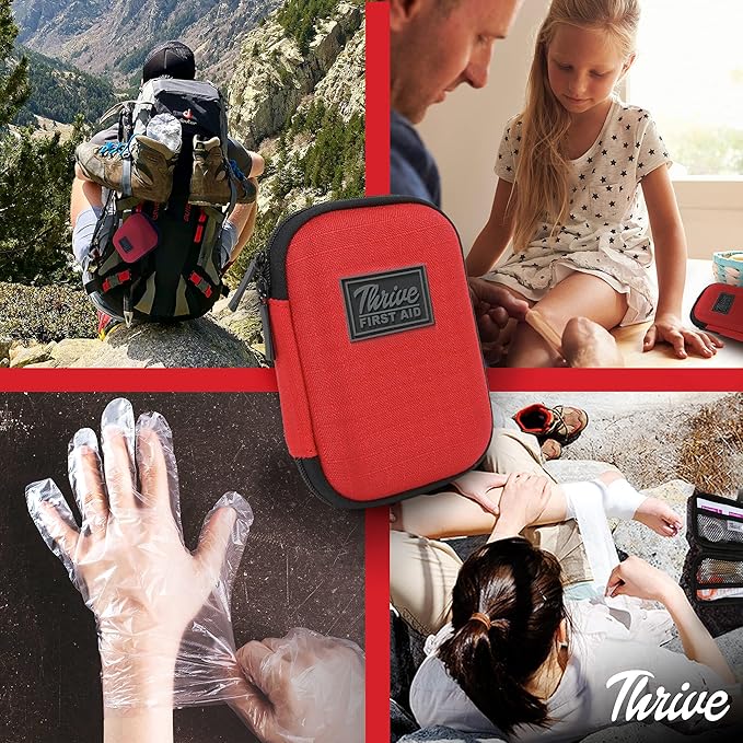 Thrive Travel Essentials Mini First Aid Kit – 66 Pieces of FSA and HSA Approved Supplies Including Bandages, Wipes, Safety Pins, and More | Compact Emergency Kit in Shell Case