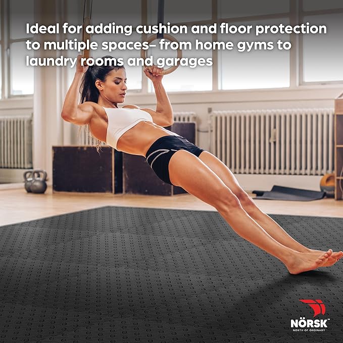 Norsk Foam Floor Gym Mats with Interlocking Tiles, .47" Thick, 24"x24", 48-Pack, 192 Square Feet, Diamond Plate Design, Black