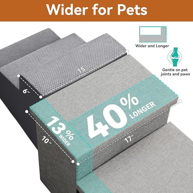 Dog Stairs with Storage 12" H, 2-Step Wider Dog Steps for Dogs Cats, Folding Sturdy Pet Stairs Climbing Sofa Couch, Ramp for Car Hold Up to 150 lbs (Gray, No Condo)