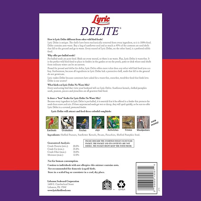 Lyric Delite Wild Bird Seed for Outside Feeders - No Waste Bird Food, Nuts & Seeds Mix, Attracts Buntings, Chickadees & Finches, 10 lb (Pack of 2-5 lb Bags)