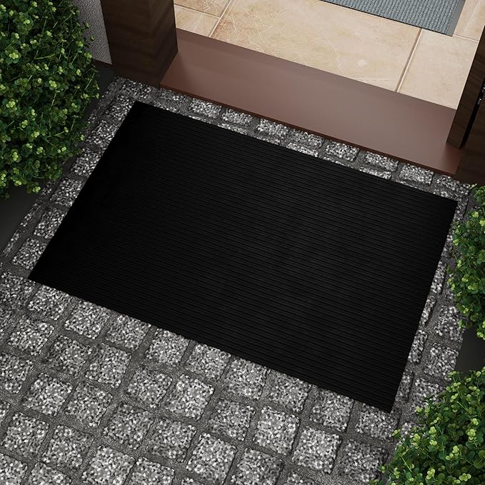 Indoor/Outdoor Hose-Wash Lines Design Non-Slip Rubber 2x3 Modern Entryway Mat for Entryway, Patio, Backyard, Garage, 20" x 39", Black