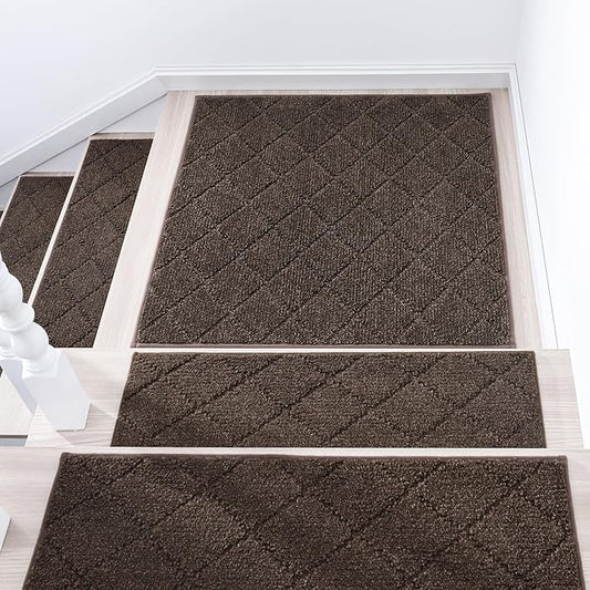 COSY HOMEER Edging Stair Treads Non-Slip Corner Indoor Stair Runners for Wooden Steps,Landing Slip Resistant Stair Rugs Mat for Kids and Dogs,100% Polyester TPE Backing,Brown,30x30 inch