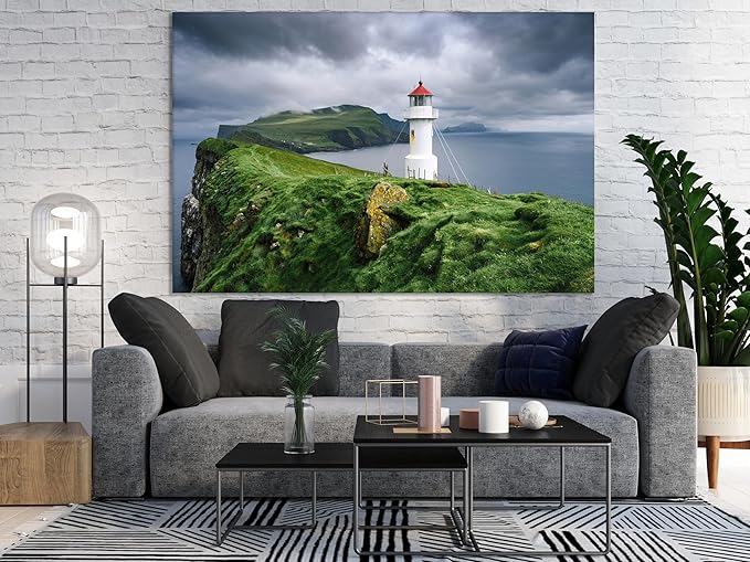 Nature Wall Art Prints - Ocean Forest Mountain Lake Canvas Landscapes - Small to Extra Large Living Room Bedroom Kitchen Bathroom Décor (Stormy Sky Lighthouse, 24L" x 36W")
