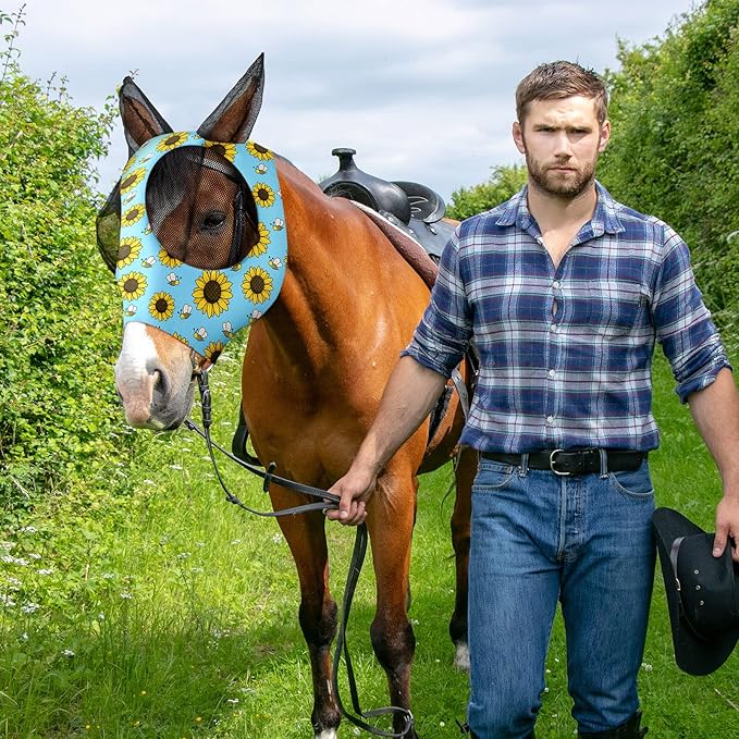 Qualirey12 Pieces Horse Fly Mask Bulk Comfortable Elasticity Mask for Horses with Ears Net UV Protection Breathable Horse Supplies Face Covering for Horse Pony and Foal (Flower Patterns, Large)